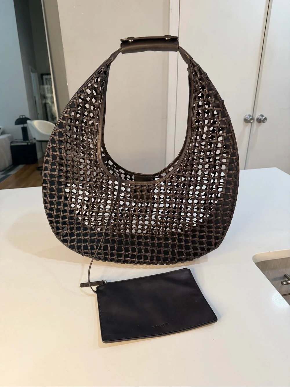 STAUD Dark Brown Woven Crescent Hobo